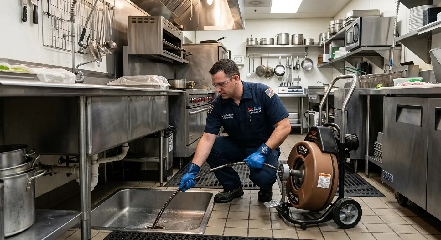 Commercial drain cleaning service in a restaurant kitchen in Norfolk