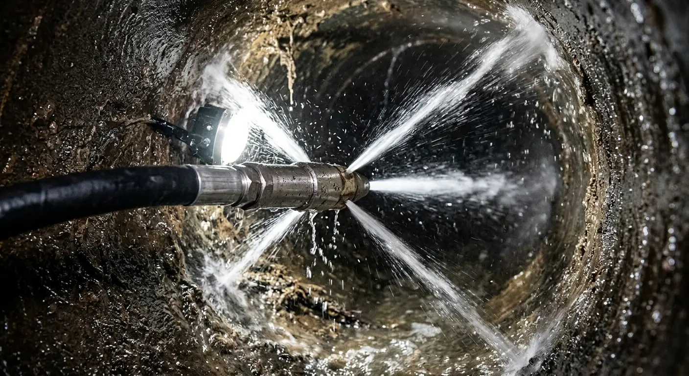 High-pressure hydro jetting nozzle cleaning sewer pipe for Trenchless Sewer Repair in Norfolk