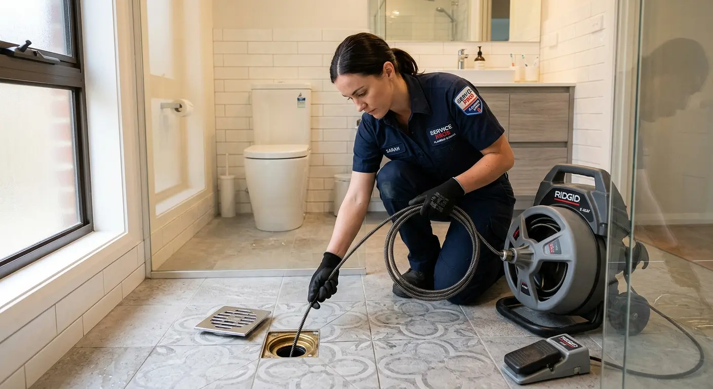 Technician clearing a bathroom floor drain for Drain Repair in Norfolk